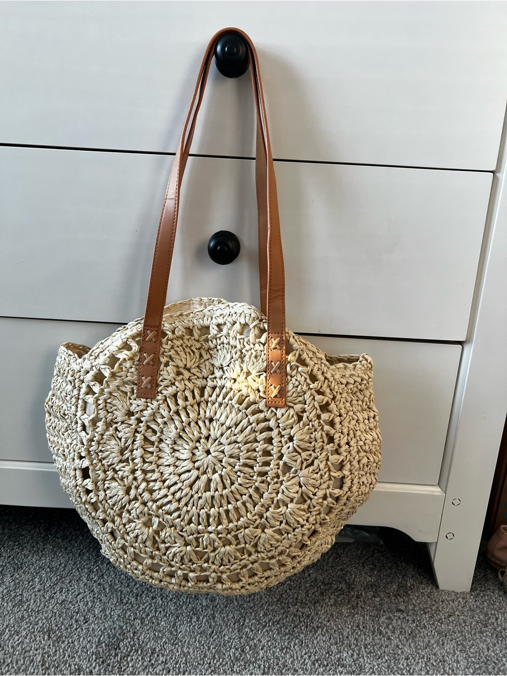 Woven Round Straw Tote with Tan Leather Handles